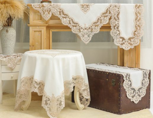 PLS-TB1102 (Lt coffee) Λινό κέντημα, με μεταξωτή δαντέλα, 60%linen, 40%pol. ΣΕΤ 3 ΤΕΜ Liolios Home