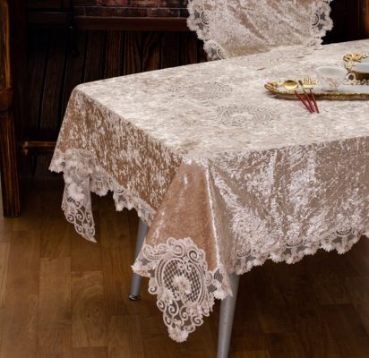 Τραπεζομάντηλο PLS-TB032 (Beige-Beige) Βελούδινο κέντημα με μεταξωτή δαντέλα 160x220 Liolios Home - Image 4