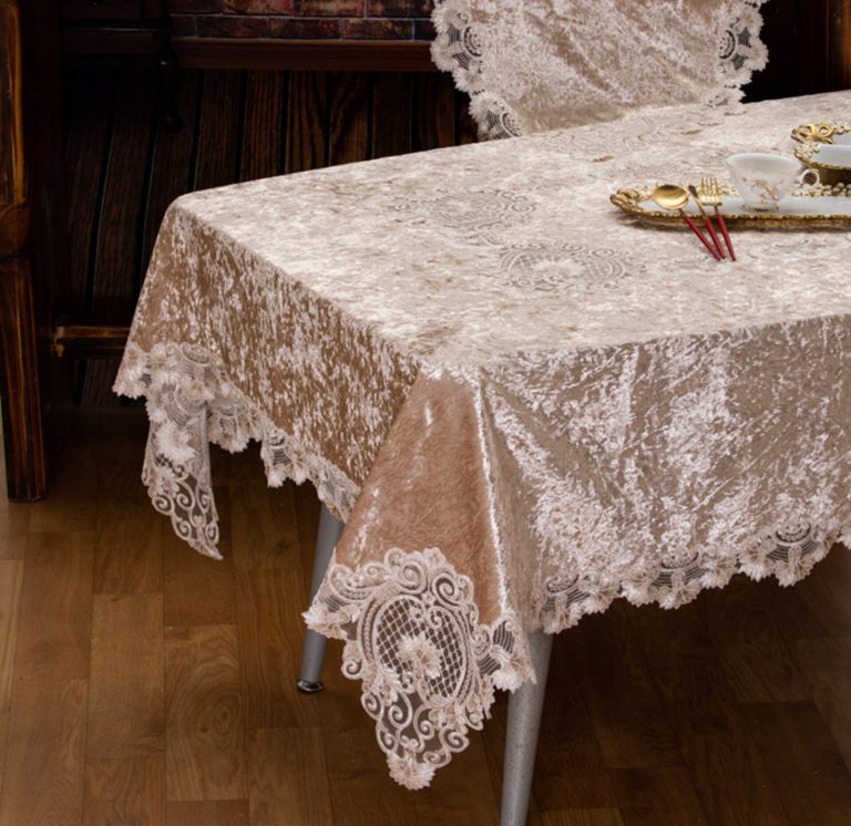 PLS-TB032 (Beige-Beige) Βελούδινο κέντημα με μεταξωτή δαντέλα ΣΕΤ 3 ΤΕΜ Liolios Home - Image 4