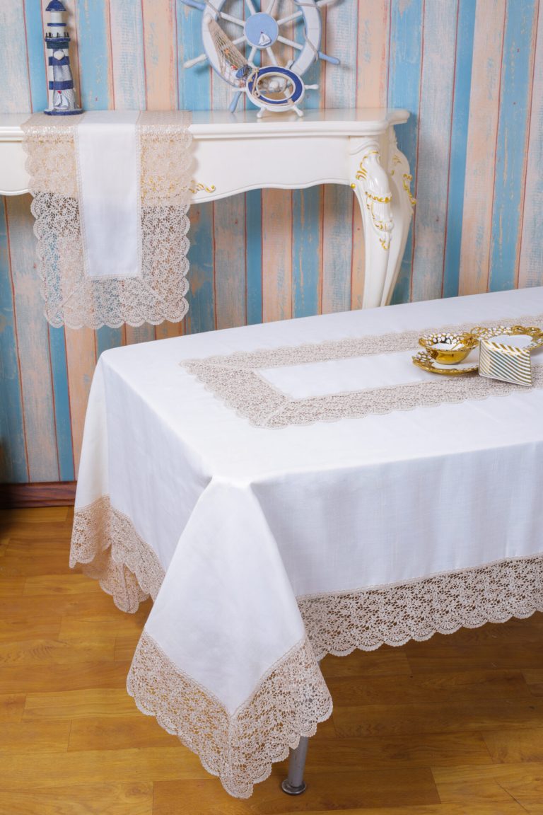 QZ1600053 (Cappuccino) Λινό κέντημα, με μεταξωτή δαντέλα, 60%linen, 40%pol. 128x128 Liolios Home - Image 2