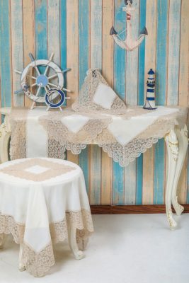 QZ1600053 (Cappuccino) Λινό κέντημα, με μεταξωτή δαντέλα, 60%linen, 40%pol. ΣΕΤ 5 ΤΕΜ Liolios Home