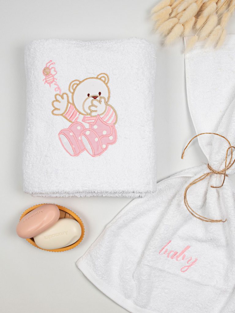 Σετ πετσέτες κεντητές Bear 04 White/Pink SUNSHINEHOME - Image 2
