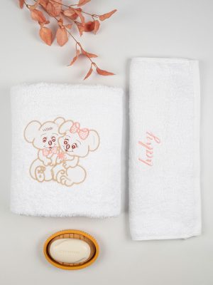 Σετ πετσέτες κεντητές Couple 06 White/Pink SUNSHINEHOME - Image 2