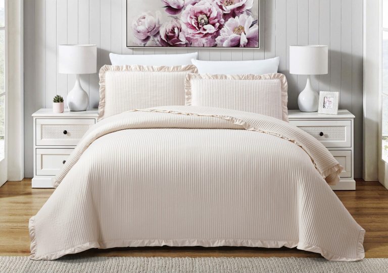 Armony (Beige) Bedspread 100% prewashed & καπιτονέ κέντημα / ruffle 260x240 Liolios Home - Image 2