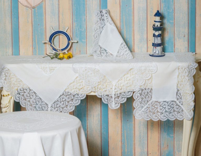 QZ1600053 (White) Λινό κέντημα, με μεταξωτή δαντέλα, 60%linen, 40%pol. ΣΕΤ 5 ΤΕΜ Liolios Home - Image 2