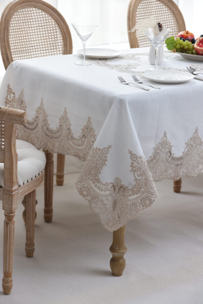 PLS-7B027 (Lt Coffee) Tablecloth Λινό κέντημα, με μεταξωτή δαντέλα, 60%linen, 40%pol. 160x260 Liolios Home - Image 2