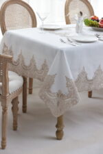 PLS-7B027 (Lt Coffee) Tablecloth Λινό κέντημα, με μεταξωτή δαντέλα, 60%linen, 40%pol. 160x220 Liolios Home - Image 2