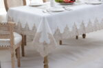 PLS-7B027 (Lt Coffee) Tablecloth Λινό κέντημα, με μεταξωτή δαντέλα, 60%linen, 40%pol. 160x220 Liolios Home