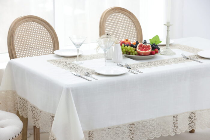 QZ1600053 (Cappuccino) Tablecloth Λινό κέντημα, με μεταξωτή δαντέλα, 60%linen, 40%pol. 160x220 Liolios Home - Image 2