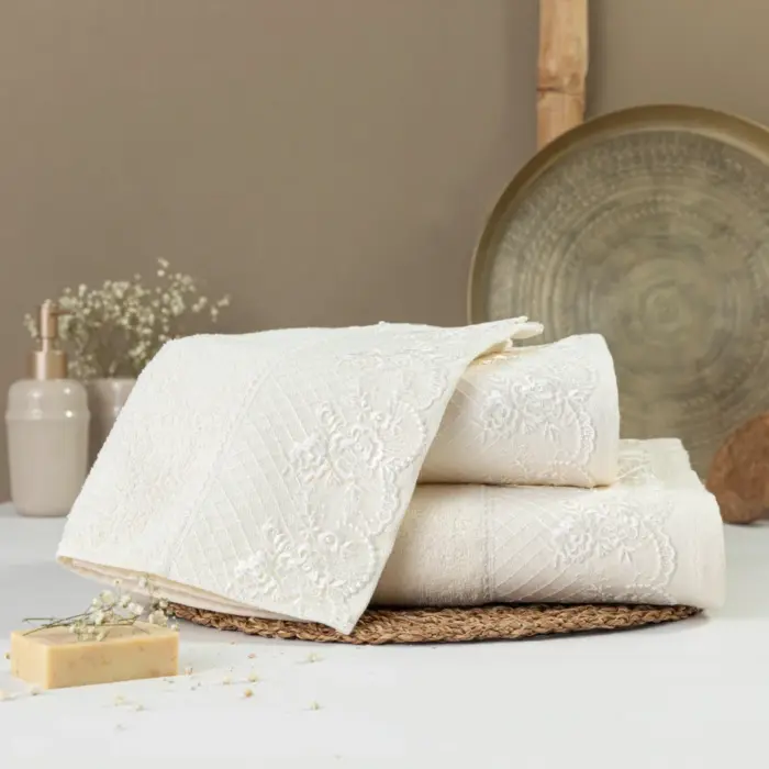 Πετσέτες Σετ 3ΤΜΧ Ηλέκτρα 70 x 140 / 50 x 90 / 30 x 50 cm  100% Βαμβάκι Εκρού BOREA - Image 2
