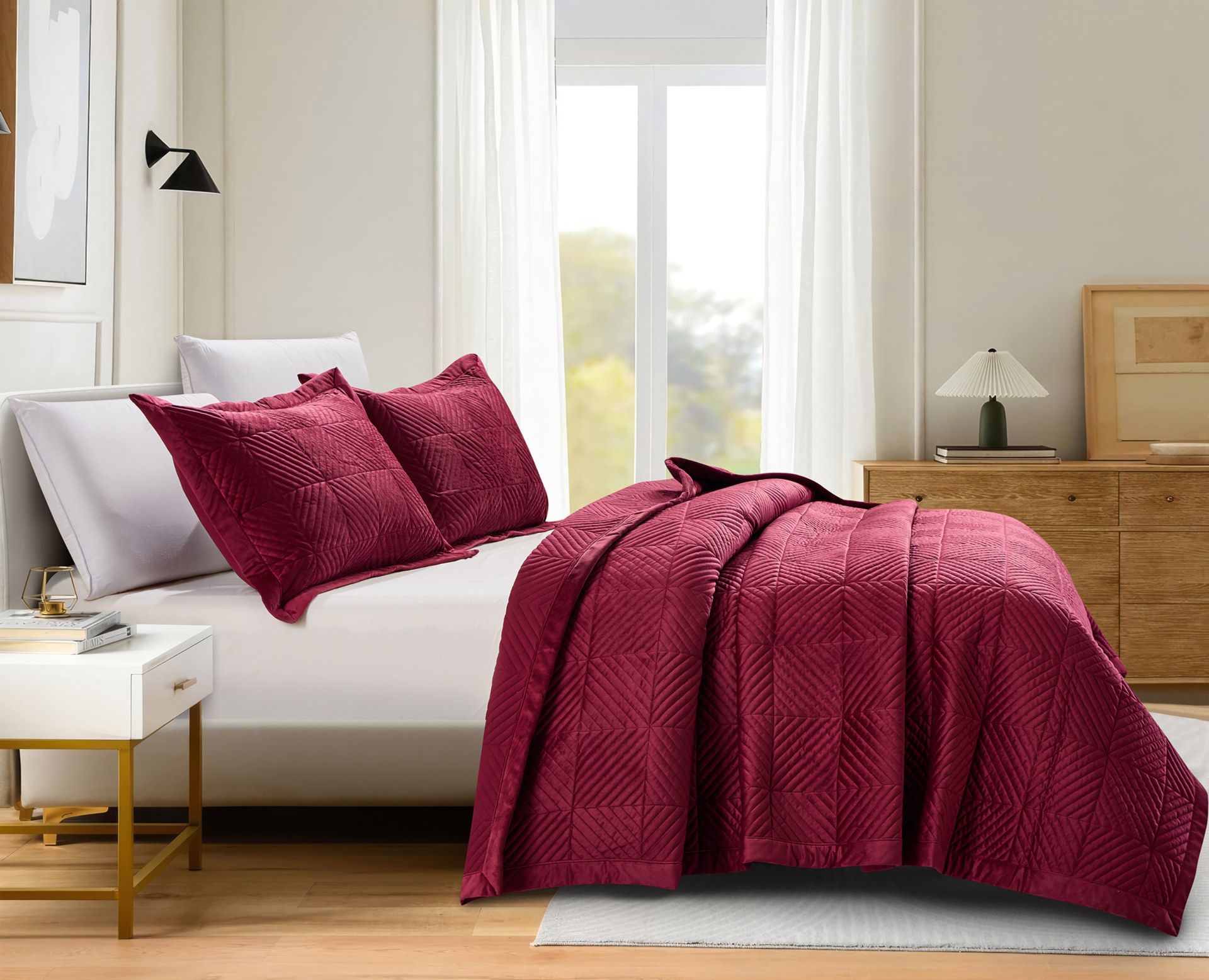 PALMIRA-Burgundy-4.jpg Palmira (Burgundy) Κουβερλί/Κάλυμμα κρεβατιού 100% luxury velvet & καπιτονέ κέντημα Bedspread 220x240+Μαξ/θήκες 50x70/2pcs Liolios Home - Image 1