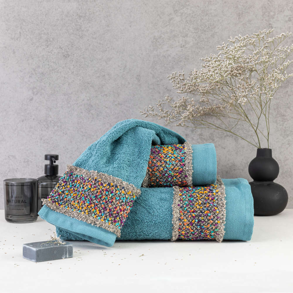 petsetes-set-3tmx-jules-petrol-1.jpg Πετσέτες Σετ 2ΤΜΧ Jules 50 x 90 / 30 x 50 cm 100% Βαμβάκι Εκρού BOREA - Image 1