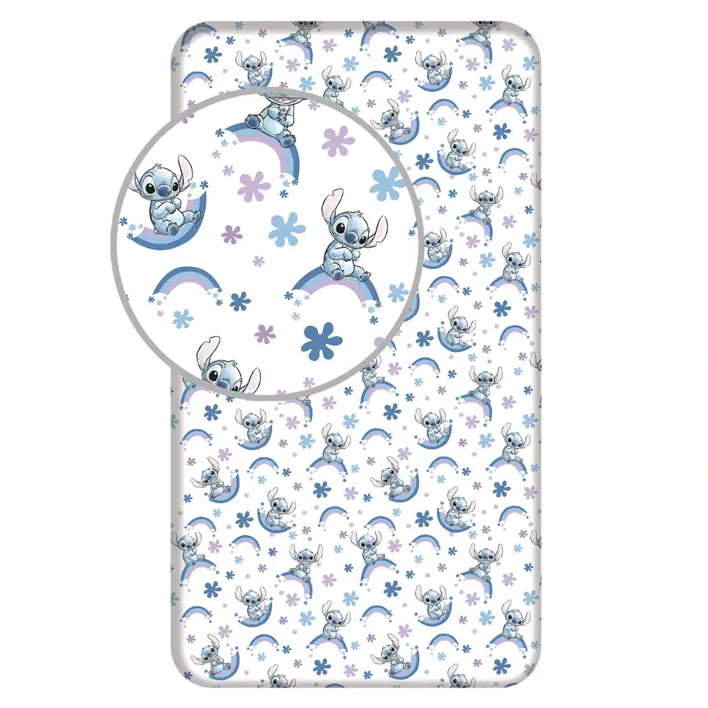 sentoni-vamvakero-stitch-rainbow-mono-me-lastixo-leuko.webp Σεντόνι Βαμβακερό Stitch Rainbow Μονό Με Λάστιχο 90 x 200 cm + 25 cm 100% Βαμβάκι Λευκό BOREA - Image 1