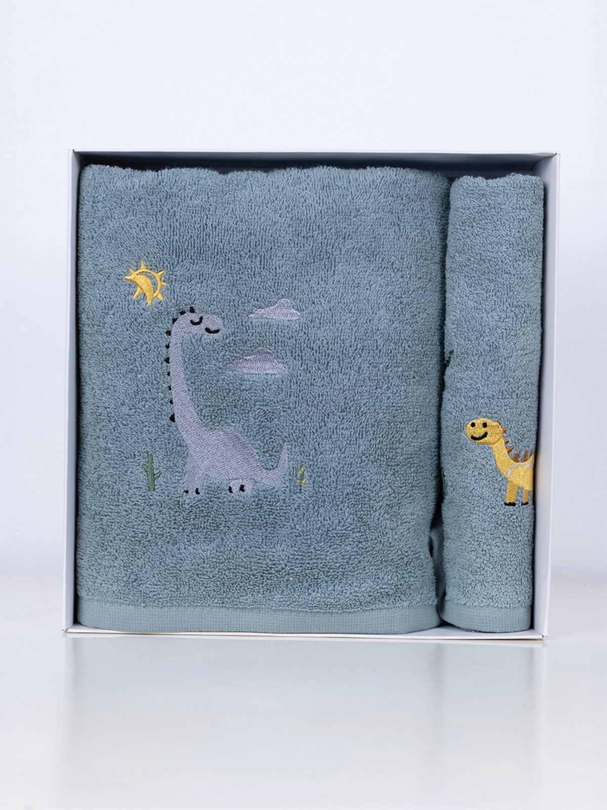 111-176-6.jpg Fluffy Κεντητή Πετσέτα Blue Dino 2 τμχ. της SUNSHINEHOME - Image 1